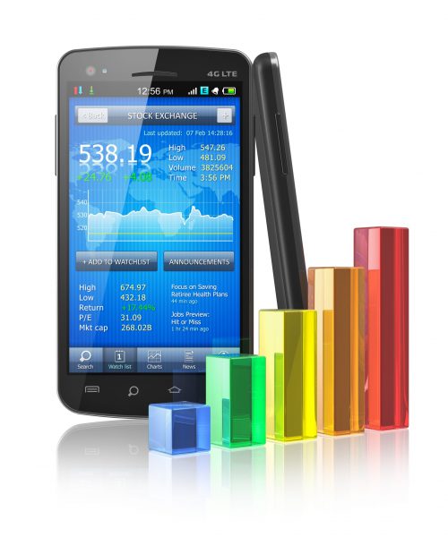 12346685 - business on the move concept: touchscreen smartphone with stock market application and color glass bar chart isolated on white reflective background